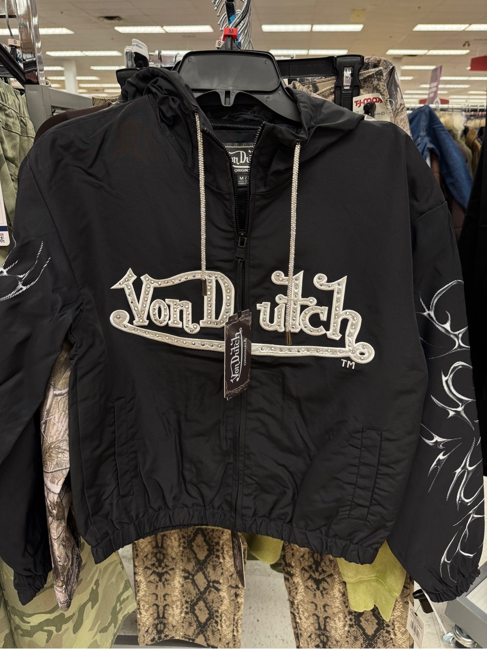 Von Dutch Black Hooded Logo Windbreaker with White Embroidery